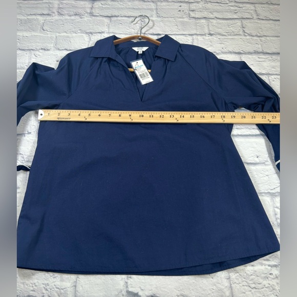 Crown & Ivy Navy Blue 3/4 Sleeve V Neck Pullover Blouse w/ White Trim Tie Sleeve - Picture 6 of 8